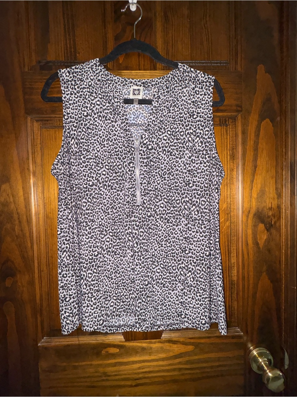 Anne Klein Black and White Leopard Print Zip-Front Tank